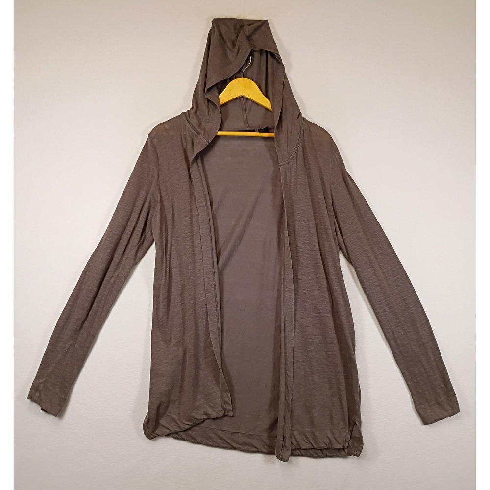 Lagenlook Tahari Womens Medium Taupe 100% Linen Hooded Open Front Cardigan